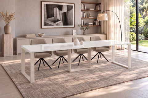 Ausziehbarer Esstisch Borys 130-290 x 80 cm für 4 6 8 10 12 Personen, Weiß Hochglanz, Kufengestell Weiß matt, Bild 1