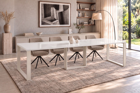 Ausziehbarer Esstisch Borys Bis 130-310 x 90 cm für 4 6 8 10 12 Personen, Weiß Hochglanz, Kufengestell Weiß matt, Bild 1