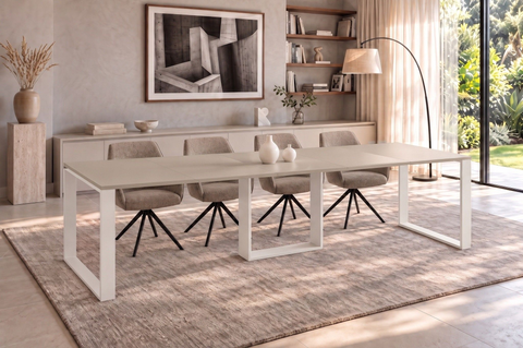 Ausziehbarer Esstisch Borys Bis 130-310 x 90 cm für 4 6 8 10 12 Personen, Kaschmir, Kufengestell Weiß matt, Bild 1