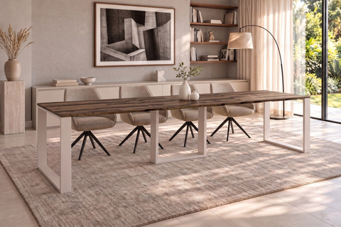 Ausziehbarer Esstisch Borys Max 130-330 x 85 cm für 4 6 8 10 12 14 Personen, Eiche Monastery, Kufengestell Weiß matt, Bild 1