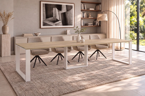 Ausziehbarer Esstisch Borys 130-330 x 80 cm für 4 6 8 10 12 14 Personen, Eiche Cremona, Kufengestell Weiß matt, Bild 1