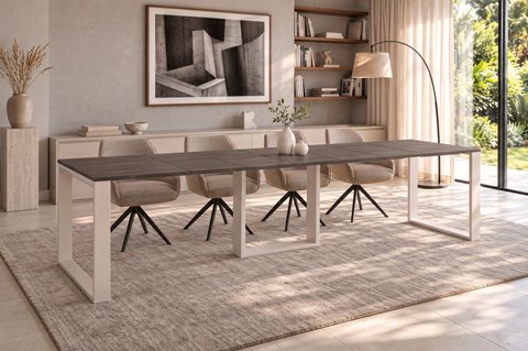 Ausziehbarer Esstisch Borys 130-330 x 80 cm für 4 6 8 10 12 14 Personen, Beton Dunkel, Kufengestell Weiß matt, Bild 1