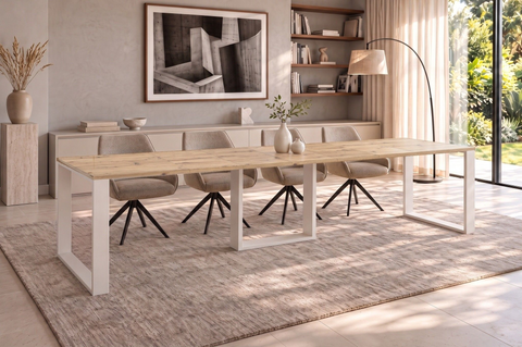 Ausziehbarer Esstisch Borys Max 130-330 x 85 cm für 4 6 8 10 12 14 Personen, Eiche Artisan, Kufengestell Weiß matt, Bild 1