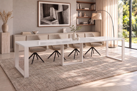 Ausziehbarer Esstisch Borys Max 130-330 x 85 cm für 4 6 8 10 12 14 Personen, Weiß Hochglanz, Kufengestell Weiß matt, Bild 1
