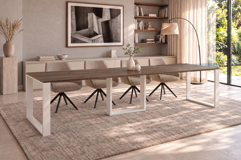 Ausziehbarer Esstisch Borys Max 130-330 x 85 cm für 4 6 8 10 12 14 Personen, Eiche Stirling, Kufengestell Weiß matt, Bild 1