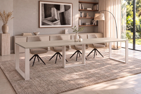 Ausziehbarer Esstisch Borys 130-330 x 80 cm für 4 6 8 10 12 14 Personen, Kaschmir, Kufengestell Weiß matt, Bild 1