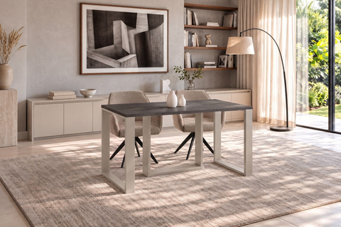 Ausziehbarer Esstisch Borys 130-330 x 80 cm für 4 6 8 10 12 14 Personen, Beton Dunkel, Kufengestell Kaschmir matt, Bild 2