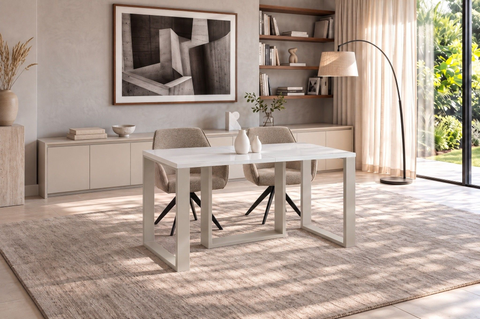 Ausziehbarer Esstisch Borys 130-330 x 80 cm für 4 6 8 10 12 14 Personen, Weiß Hochglanz, Kufengestell Kaschmir matt, Bild 2