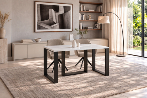 Ausziehbarer Esstisch Borys Max 130-330 x 85 cm für 4 6 8 10 12 14 Personen, Weiß Hochglanz, Kufengestell Schwarz, Bild 2