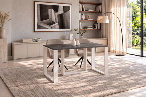 Ausziehbarer Esstisch Borys 130-210 x 80 cm für 4 6 8 Personen, Beton Dunkel, Kufengestell Weiß matt, Bild 2