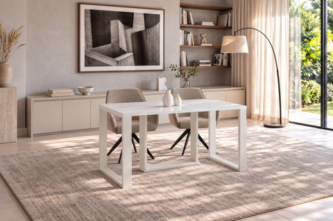 Ausziehbarer Esstisch Borys Bis 130-310 x 90 cm für 4 6 8 10 12 Personen, Weiß Hochglanz, Kufengestell Weiß matt, Bild 2