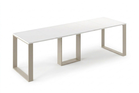 Ausziehbarer Esstisch Borys 130-290 x 80 cm für 4 6 8 10 12 Personen, Weiß Hochglanz, Kufengestell Kaschmir matt, Bild 3