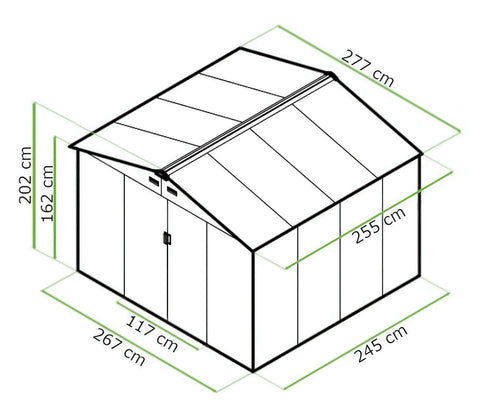 Hardmaister Metall-Gerätehaus Hudson 277x255 cm Eiche-Braun - 6.5 m² Gartenhaus mit Satteldach