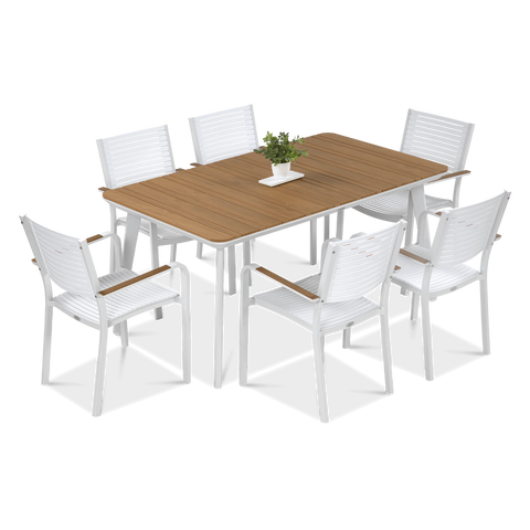 Focus Garden TACOMA 160/6 Essgruppe Weiß / Teak – Aluminium & Polywood Gartenmöbel-Set für 6 Personen