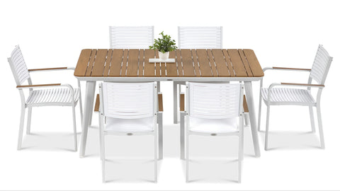 Focus Garden TACOMA 160/6 Essgruppe Weiß / Teak – Aluminium & Polywood Gartenmöbel-Set für 6 Personen
