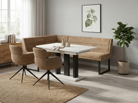 Eckbankgruppe Appia - Kaschmir / Beige mit 2 Drehstühlen in Hellbraun - Lange Seite rechts, Rücken Variante 1