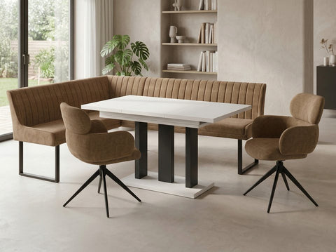 Eckbankgruppe Appia - Kaschmir / Beige mit 2 Drehstühlen in Hellbraun - Lange Seite rechts, Rücken Variante 2