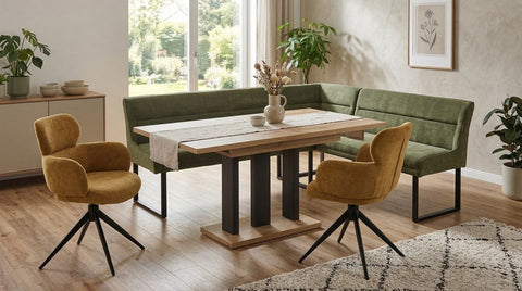 Eckbankgruppe Appia - Eiche Artisan mit 2 Drehstühlen in Olivgrün / Gelb - Lange Seite links, Rücken Variante 2