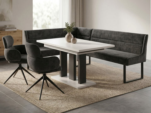 Eckbankgruppe Appia - Kaschmir / Beige mit 2 Drehstühlen in Anthrazit - Lange Seite rechts, Rücken Variante 1