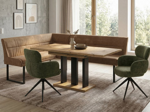 Eckbankgruppe Appia - Eiche Artisan mit 2 Drehstühlen in Hellbraun / Olivgrün - Lange Seite rechts, Rücken Variante 1