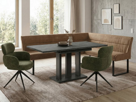 Eckbankgruppe Appia - Beton Dunkel mit 2 Drehstühlen in Hellbraun / Olivgrün - Lange Seite links, Rücken Variante 2