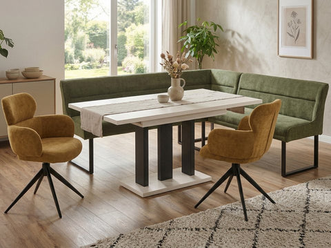 Eckbankgruppe Appia - Kaschmir / Beige mit 2 Drehstühlen in Olivgrün / Gelb - Lange Seite links, Rücken Variante 1