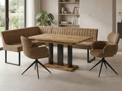 Eckbankgruppe Appia - Eiche Artisan mit 2 Drehstühlen in Hellbraun - Lange Seite rechts, Rücken Variante 2