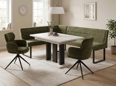 Eckbankgruppe Appia - Kaschmir / Beige mit 2 Drehstühlen in Olivgrün - Lange Seite rechts, Rücken Variante 1
