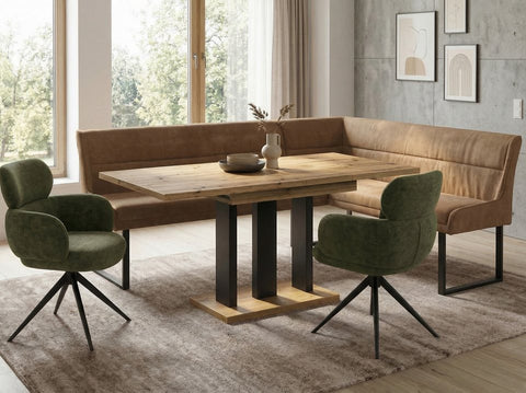 Eckbankgruppe Appia - Eiche Artisan mit 2 Drehstühlen in Hellbraun / Olivgrün - Lange Seite links, Rücken Variante 1