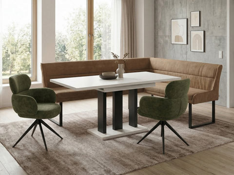 Eckbankgruppe Appia - Kaschmir / Beige mit 2 Drehstühlen in Hellbraun / Olivgrün - Lange Seite links, Rücken Variante 1