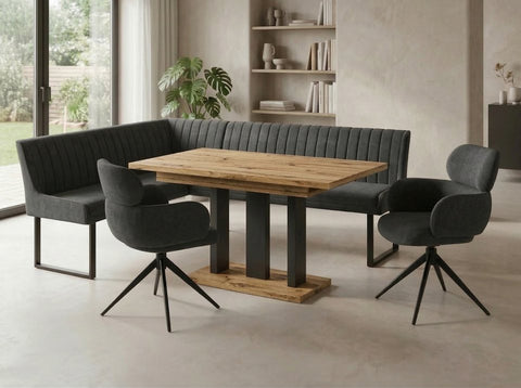 Eckbankgruppe Appia - Eiche Artisan mit 2 Drehstühlen in Anthrazit - Lange Seite rechts, Rücken Variante 2
