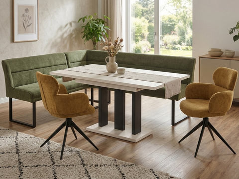 Eckbankgruppe Appia - Kaschmir / Beige mit 2 Drehstühlen in Olivgrün / Gelb - Lange Seite rechts, Rücken Variante 2