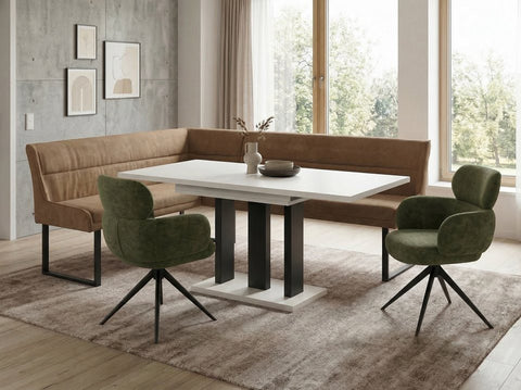 Eckbankgruppe Appia - Kaschmir / Beige mit 2 Drehstühlen in Hellbraun / Olivgrün - Lange Seite rechts, Rücken Variante 2