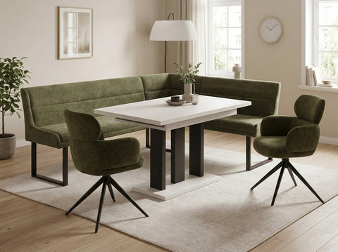 Eckbankgruppe Appia - Kaschmir / Beige mit 2 Drehstühlen in Olivgrün - Lange Seite links, Rücken Variante 1