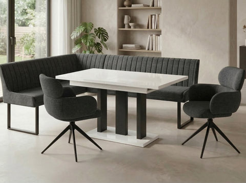 Eckbankgruppe Appia - Kaschmir / Beige mit 2 Drehstühlen in Anthrazit - Lange Seite rechts, Rücken Variante 2