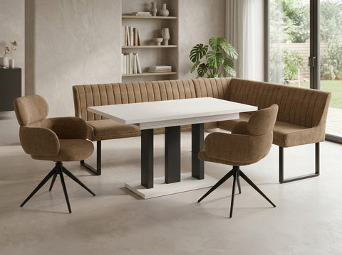 Eckbankgruppe Appia - Kaschmir / Beige mit 2 Drehstühlen in Hellbraun - Lange Seite links, Rücken Variante 2