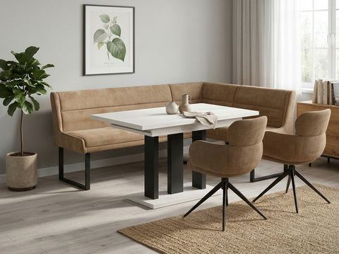 Eckbankgruppe Appia - Kaschmir / Beige mit 2 Drehstühlen in Hellbraun - Lange Seite links, Rücken Variante 1