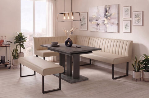 Essgruppe Appia - Beton Dunkel mit Eckbank und Sitzbank in Kunstleder Beige für 7 Personen