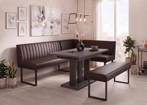 Essgruppe Appia - Beton Dunkel mit Eckbank und Sitzbank in Kunstleder Beige für 7 Personen
