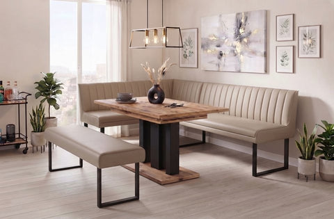 Eckbankgruppe Appia - Eiche Artisan mit Eckbank und Sitzbank in Kunstleder Beige für 7 Personen
