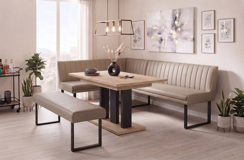 Eckbankgruppe Appia - Eiche Cremona mit Eckbank und Sitzbank in Kunstleder Beige für 7 Personen