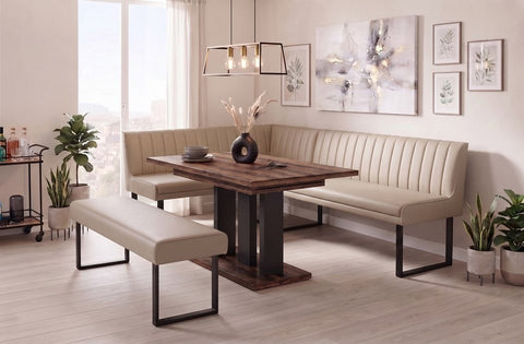 Eckbankgruppe Appia - Eiche Monastery mit Eckbank und Sitzbank in Kunstleder Beige für 7 Personen