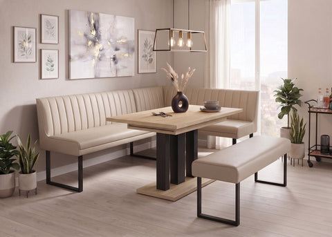 Essgruppe Appia - Eiche Natur mit Eckbank und Sitzbank in Kunstleder Beige für 7 Personen