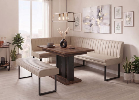 Essgruppe Appia - Eiche Stirling mit Eckbank und Sitzbank in Kunstleder Beige für 7 Personen