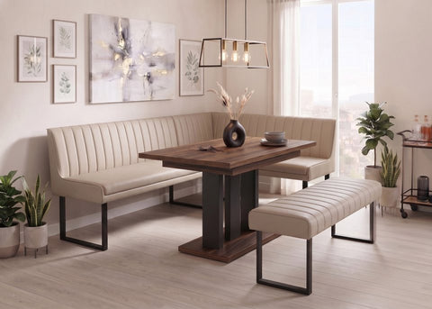 Eckbankgruppe Appia - Eiche Stirling mit Eckbank und Sitzbank in Kunstleder Beige für 7 Personen