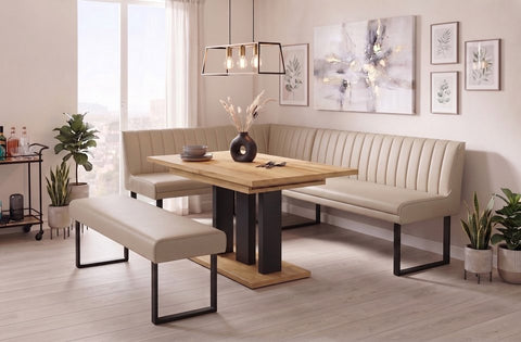 Eckbankgruppe Appia - Eiche Wotan mit Eckbank und Sitzbank in Kunstleder Beige für 7 Personen