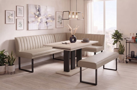 Essgruppe Appia - Schwarz Matt mit Eckbank und Sitzbank in Kunstleder Beige für 7 Personen