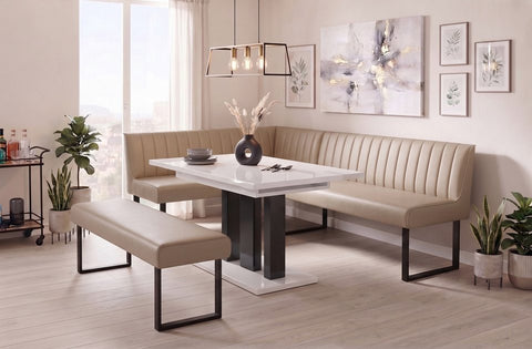 Essgruppe Appia - Weiss Hochglanz mit Eckbank und Sitzbank in Kunstleder Beige für 7 Personen