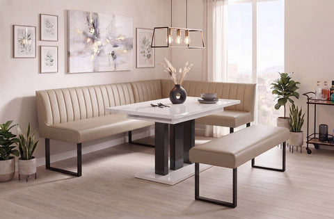 Eckbankgruppe Appia - Weiss Hochglanz mit Eckbank und Sitzbank in Kunstleder Beige für 7 Personen