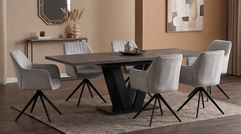 Essgruppe Lara - Beton Dunkel mit 6 Stühlen in Creme-Beige für 6 Personen